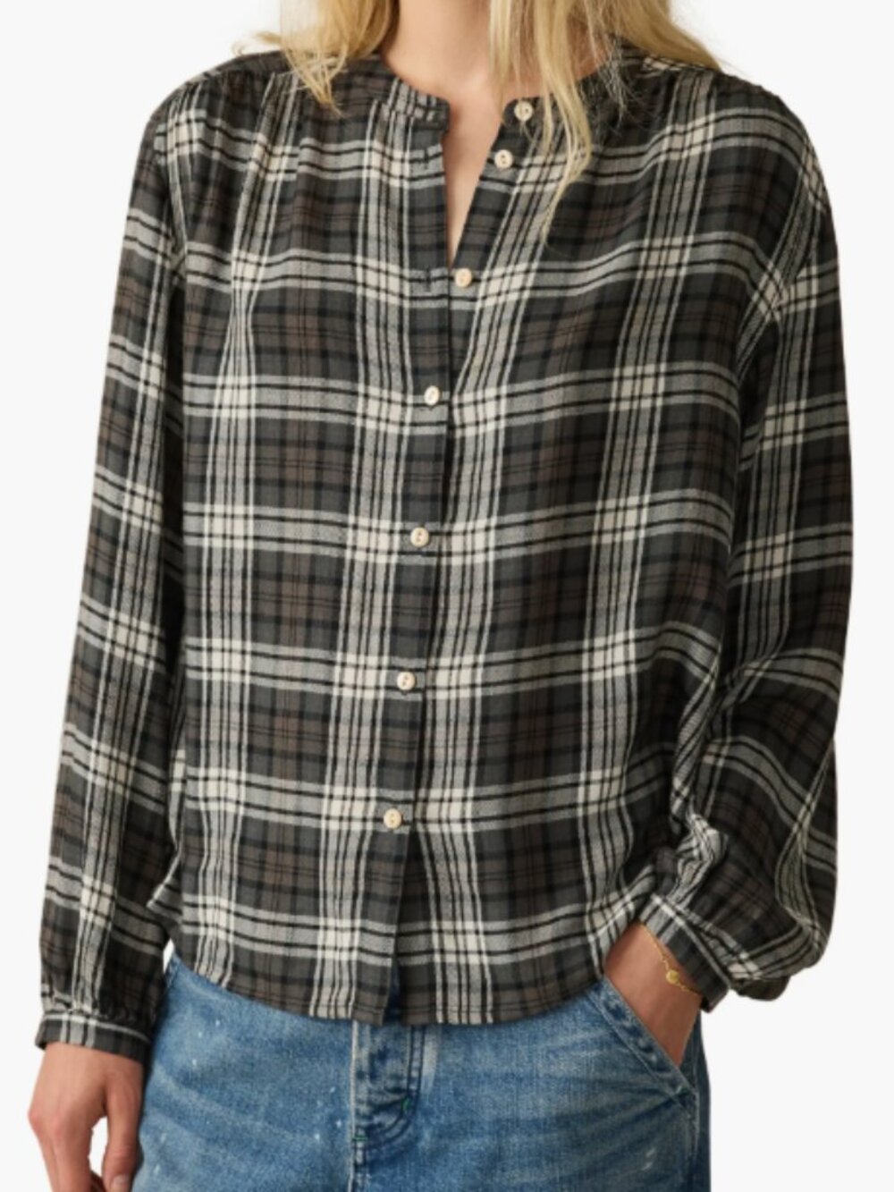 NWOT Faherty Drift Button Down Top Blouse, Plaid, Band Collar - Womens Large